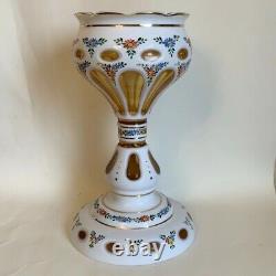 999035 Cased Glass White Over Amber Lustre Vase With Oval Cuts & Painted Flowers