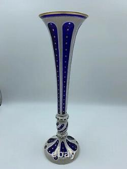 999806 Tall Cobalt Overlay White Case Vase With 6 Long Cuts, Gold Painted Lines