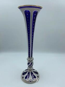 999806 Tall Cobalt Overlay White Case Vase With 6 Long Cuts, Gold Painted Lines