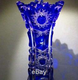 9 CAESAR CRYSTAL Blue Vase Hand Cut to Clear Overlay Czech Bohemian Cased NIB