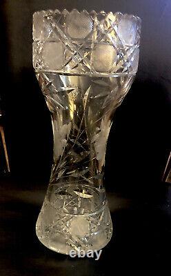 ABP Cut Large Vintage Crystal Vase With Floral And Leaf Designs In Pattern