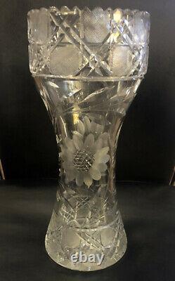 ABP Cut Large Vintage Crystal Vase With Floral And Leaf Designs In Pattern