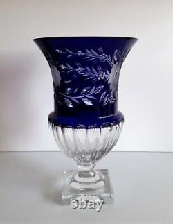 AJKA CASED CUT TO CLEAR COBALT BLUE LEAD CRYSTAL FUTED VASE, Discount Priece