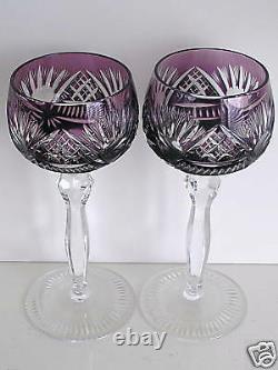 AJKA HUNGARY AMETHYST CASED CUT TO CLEAR CRYSTAL WINE GOBLETS Set of 6