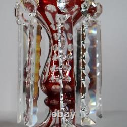 ANTIQUE BOHEMIAN CUT CRANBERRY GLASS MANTEL LUSTRES matching pair PRISM CRYSTALS