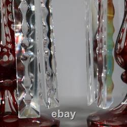 ANTIQUE BOHEMIAN CUT CRANBERRY GLASS MANTEL LUSTRES matching pair PRISM CRYSTALS
