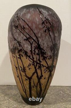Acid Etched Cut Vase 12 Tall Trees Cameo Glass Amethyst Beige