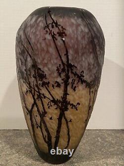 Acid Etched Cut Vase 12 Tall Trees Cameo Glass Amethyst Beige