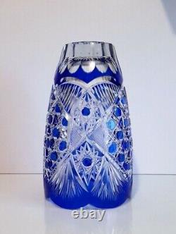 Ajka Cased Cut To Clear Lead Crystal Blue Vase, Marked