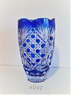 Ajka Cased Cut To Clear Lead Crystal Blue Vase, Marked