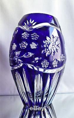 Ajka Cobalt Blue Cased Cut To Clear Lead Crystal Vase, New, Signed