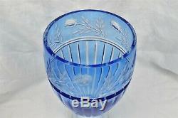 Ajka Crystal Vase Centerpiece Blue Floral Frosted Design Hungary Cut to Clear