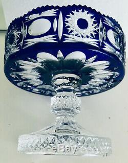 Ajka Hungary Blue Cobalt Cased Cut To Clear Crystal Vase Comport Compot Service