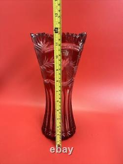 Ajka Hungary Crystal Cut To Clear Cranberry Pinwheel Vase 12 Tall