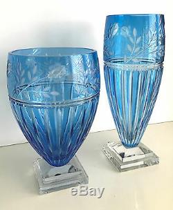 Ajka Prionnseas Azure Blue Cased Cut To Clear Large Vase