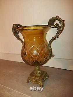 Alte Kristall Vase Glas Messing Montur Antique Crystal Cut Glass Vase Mounted