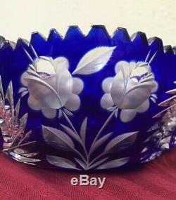 Amazing Bohemian Cobalt Blue Cut Clear Crystal Centerpiece Fruit Bowl EXCLNT 9