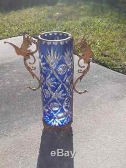 Amazing Cut Blue Crystal Vase With Bronze Dragons Tagged Florence