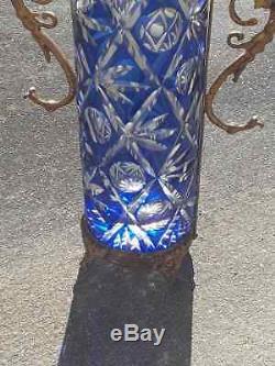 Amazing Cut Blue Crystal Vase With Bronze Dragons Tagged Florence