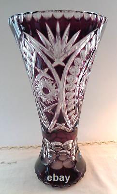 Amazing Large Vintage Czech Hand Cut Ruby Red To Clear Glass Bohemian Vase