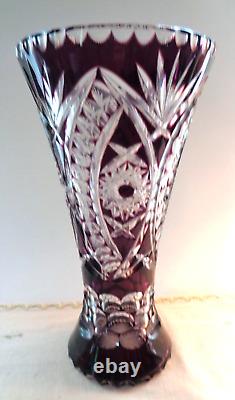 Amazing Large Vintage Czech Hand Cut Ruby Red To Clear Glass Bohemian Vase