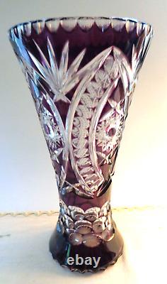 Amazing Large Vintage Czech Hand Cut Ruby Red To Clear Glass Bohemian Vase