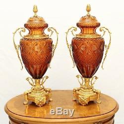 Amber Crystal Italian Vases, Magnificent, Museum Collection hand cut pair