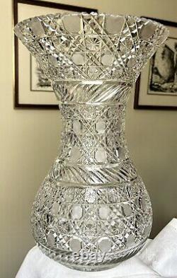 American Brilliant ABP Cut Glass Crystal Large Corset Vase 14.5 Tall