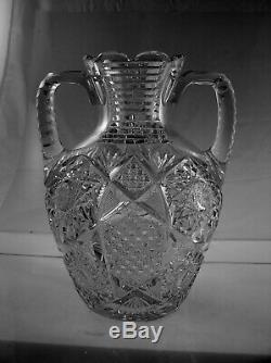 American Brilliant Cut Glass Rare 2 Handle Vase Antique Crystal Circa 1905-1912