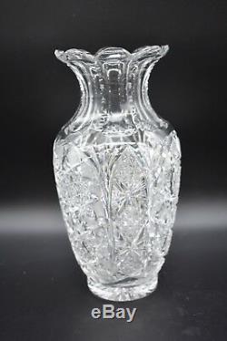 American Brilliant Period ABP Cut Crystal Hobstars Diamonds & Fans 10 Vase