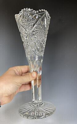 American Brilliant Period ABP Large Heavy Cut Glass Trumpet Vase 12 1/4