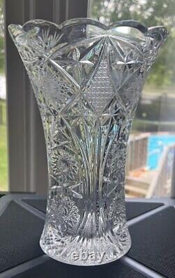 American Brilliant Period Cut Crystal Vase 10 Inches Flared Abp Heavy