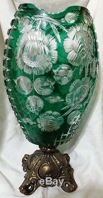 Antique 14-3/8 Emerald Green Lead Crystal Etched Cut Vase Brass Pedestal