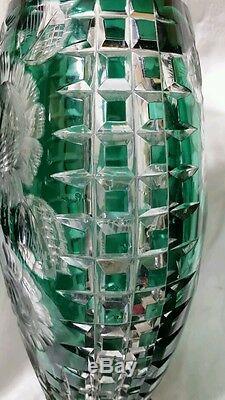 Antique 14-3/8 Emerald Green Lead Crystal Etched Cut Vase Brass Pedestal