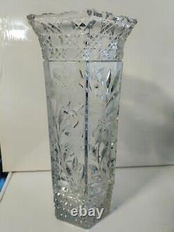 Antique 1916 McKee Innovation Hand Cut Smokey Gray Hexagon Glass Vase 12