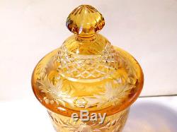 Antique 19thC Bohemian Vase & Cover Amber Flash Cut Glass Crystal