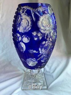 Antique AJKA Bohemian Blue Cut To Clear Large Footed Crystal Vase
