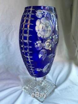 Antique AJKA Bohemian Blue Cut To Clear Large Footed Crystal Vase