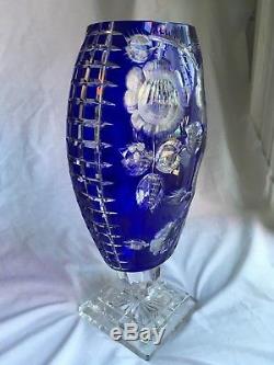 Antique AJKA Bohemian Cut To Clear Cobalt Blue Large Footed Vase