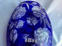 Antique AJKA Bohemian Cut To Clear Cobalt Blue Large Footed Vase
