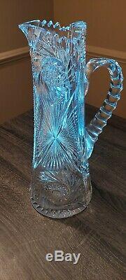 Antique American Brilliant Period Cut Glass Pitcher Vase 11 H Sawtooth PERFECT