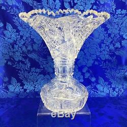 Antique American Brilliant Wide Mouth Trumpet Sawtooth Cut Crystal 10 Vase APB