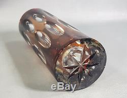 Antique Art Deco Bohemian Amber Cut To Clear Crystal Glass 8.25 Cylinder Vase