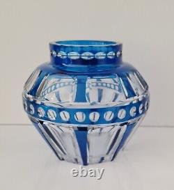 Antique Art Deco Val St Lambert Cut To Clear Lead Crystal Blue Vase, Rare