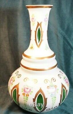Antique Bohemia Crystal Vase Decanter White Overlay Cut To Emerald Green