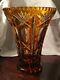 Antique Bohemian Amber Cut Crystal To Clear Czech Art Glass Trumpet Vase Vtg