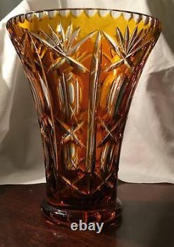 Antique Bohemian Amber Cut Crystal to Clear Czech Art Glass Trumpet Vase Vtg