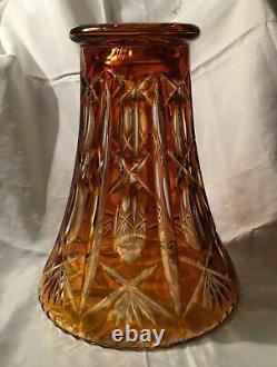 Antique Bohemian Amber Cut Crystal to Clear Czech Art Glass Trumpet Vase Vtg