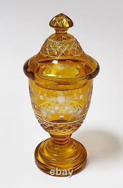 Antique Bohemian Amber Cut To Clear Crystal Glass Goblet / Vase / Urn With Cover