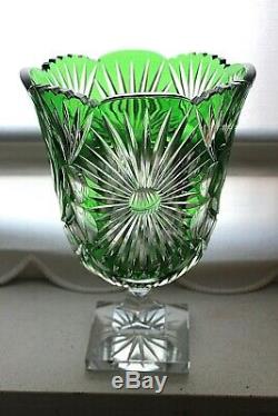 Antique Bohemian Carl Goldberg emerald green cut to clear crystal vase c 1900